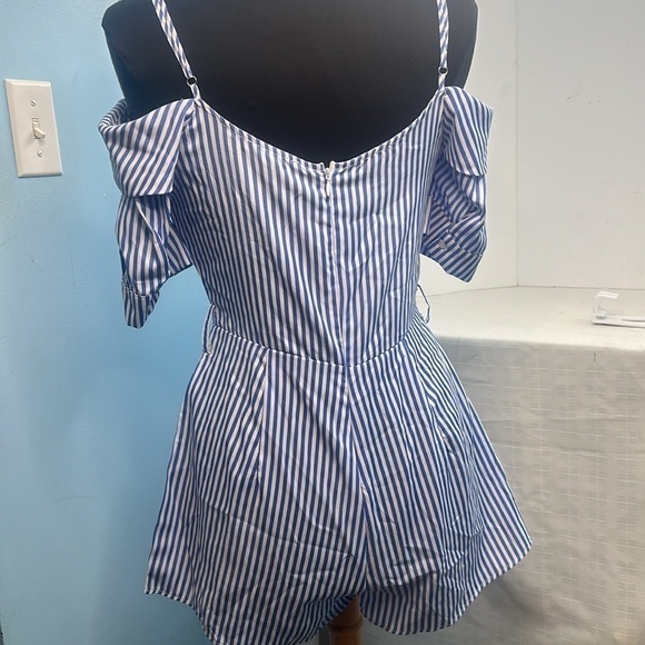 Iris blue and white striped off shoulder romper. - Picture 3 of 10